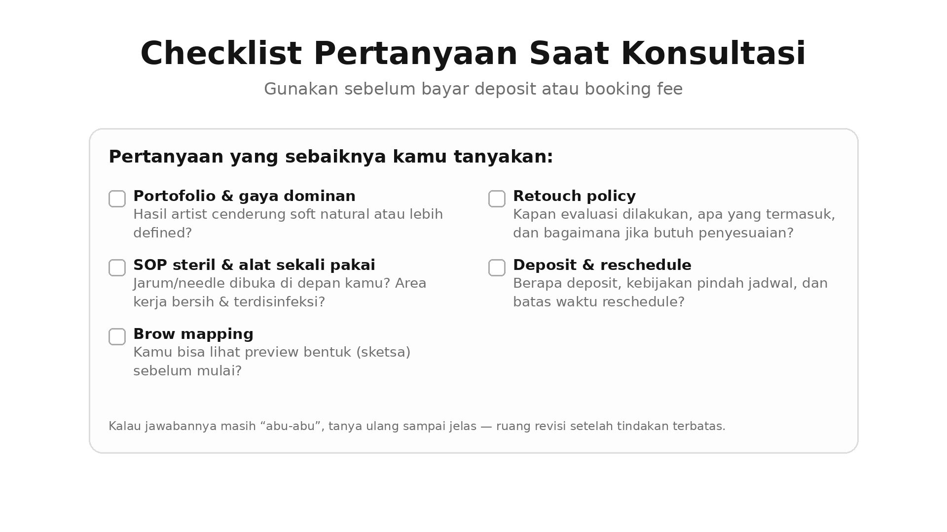 Checklist pertanyaan saat konsultasi sebelum sulam alis sebelum tanya harga sulam alis depok