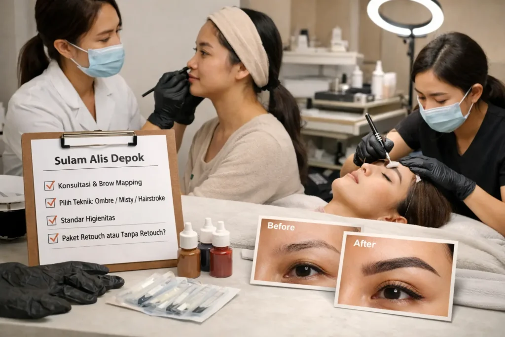 Ilustrasi paket sulam alis dengan retouch dan tanpa retouch juga proses sulam alisnya.